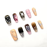 Gothic Press-On Nails with Metallic Chains,Heart,Butterfly Design Nails Custom Handmade Coffin Nails Chrome False Nails Elegant Acrylic Nail
